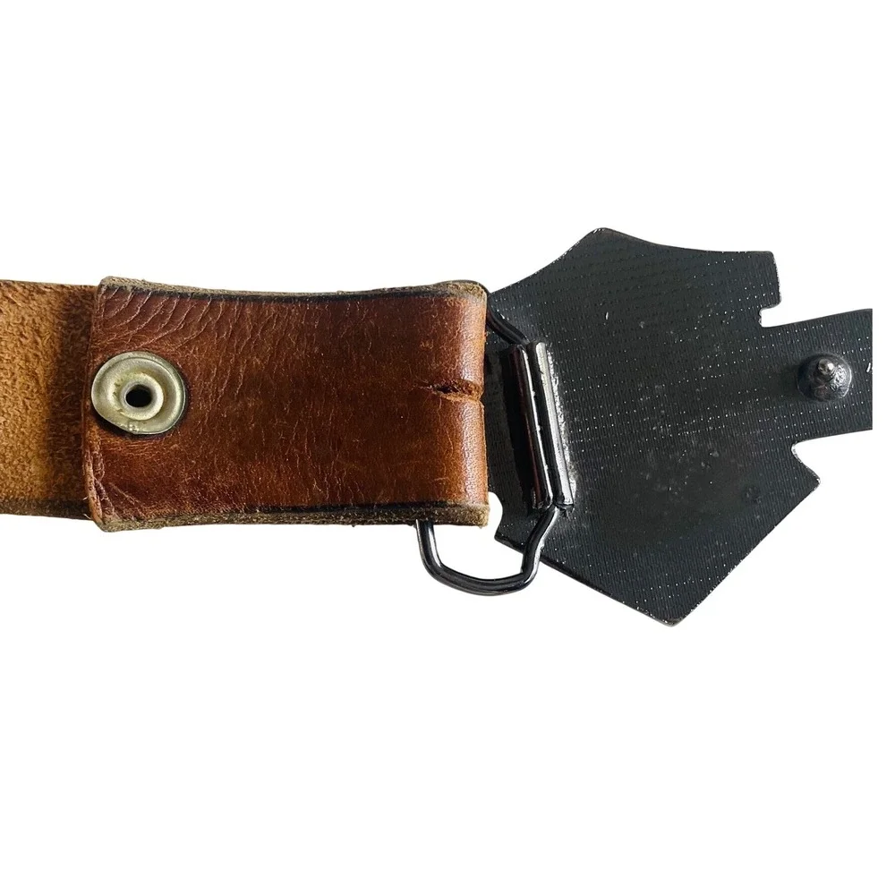 VTG Harley Davidson Style Bar & Shield Belt Buckle with Distressed Leather Belt